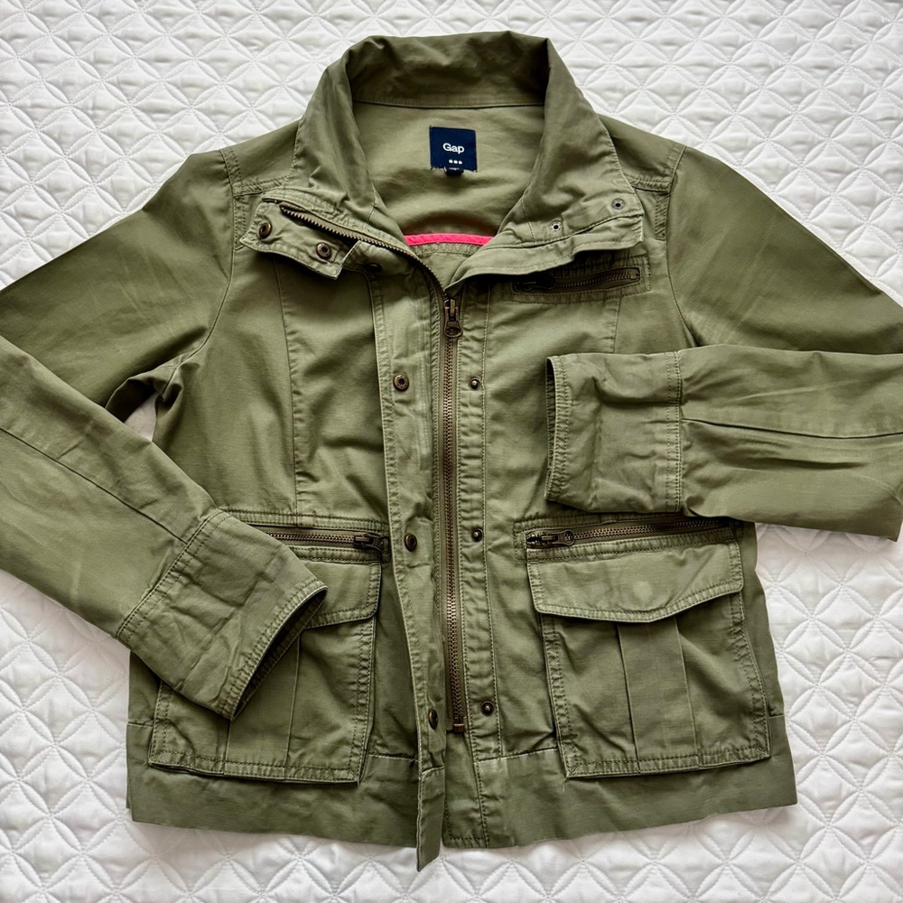 GAP Utility Full Zipper Cotton Jacket Army Olive Green with Pockets Size S - Picture 16 of 16